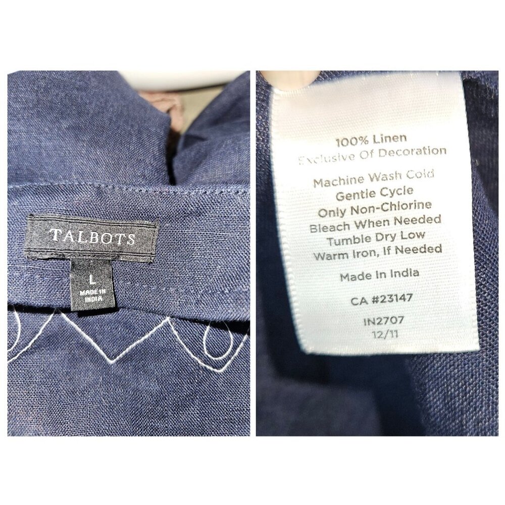 Talbots 100% Linen V Neck Embroidered Trim Navy Blue Tunic Women L Boho - Picture 8 of 8